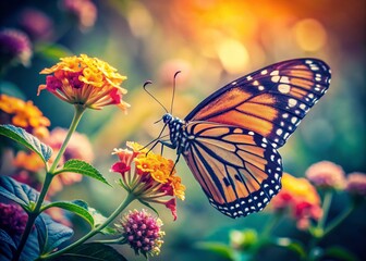 Fototapeta premium Vintage Butterfly Nectar Photography: High-Resolution Insect Close-up, Detailed Wings, Floral Background, Retro Style, Nature Photography, Macro Photography