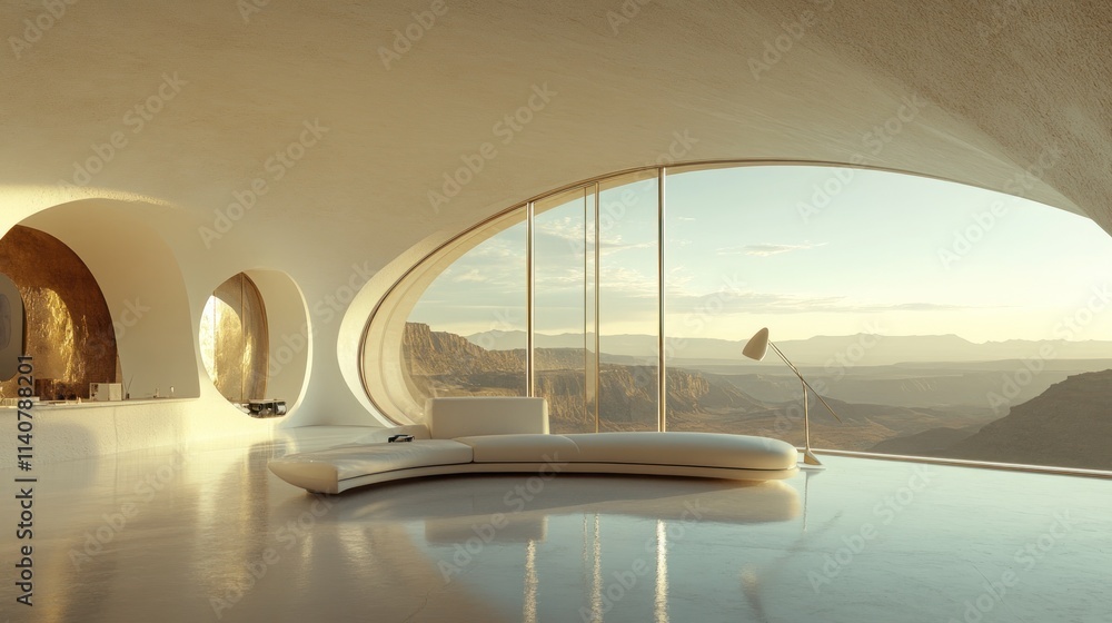 Aufkleber a futuristic interior with a panoramic view of mountains, featuring a sleek sofa and soft lighting.