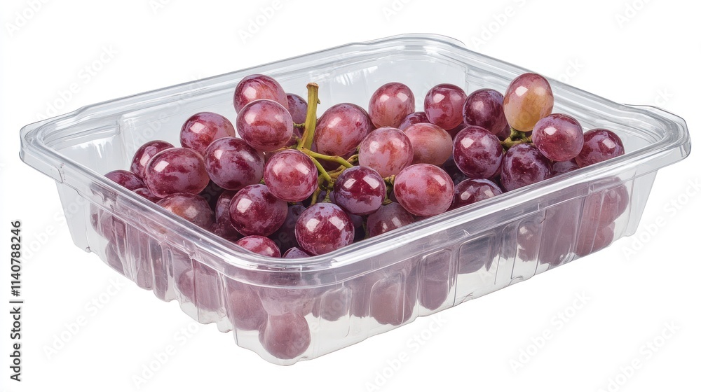 Poster a clear container filled with fresh red grapes, ready for consumption.
