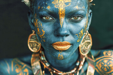 Portrait of an african female with blue body paint and ornate gold patterns
