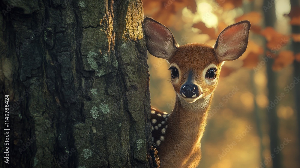 Poster a fawn peeks from behind a tree in a serene forest setting.