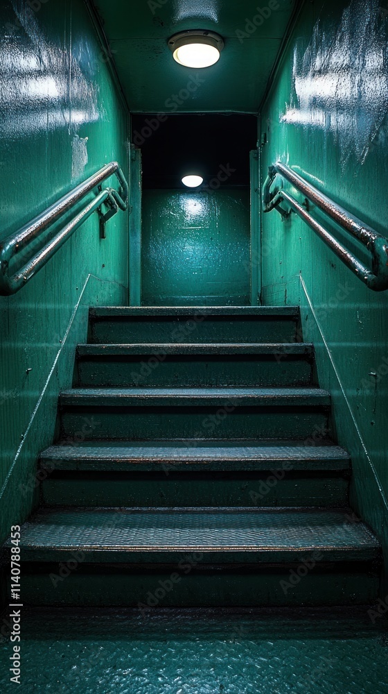 Poster a dimly lit staircase with green walls leading to an upper level, creating a mysterious atmosphere.