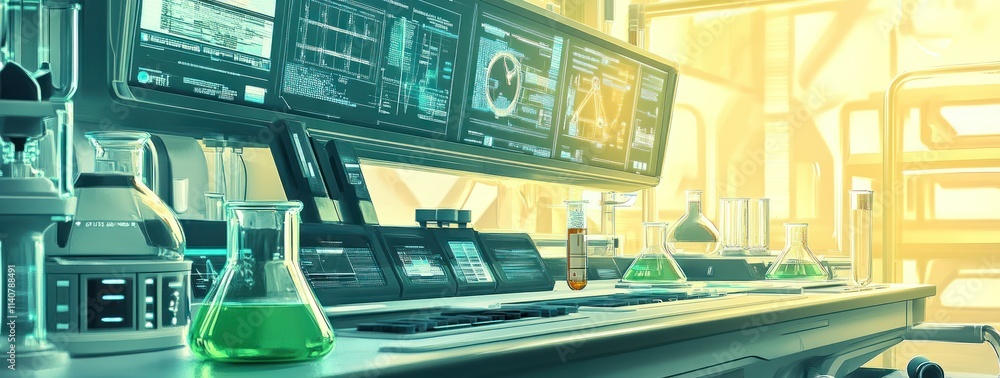 Poster a modern laboratory setting with equipment and screens displaying scientific data.