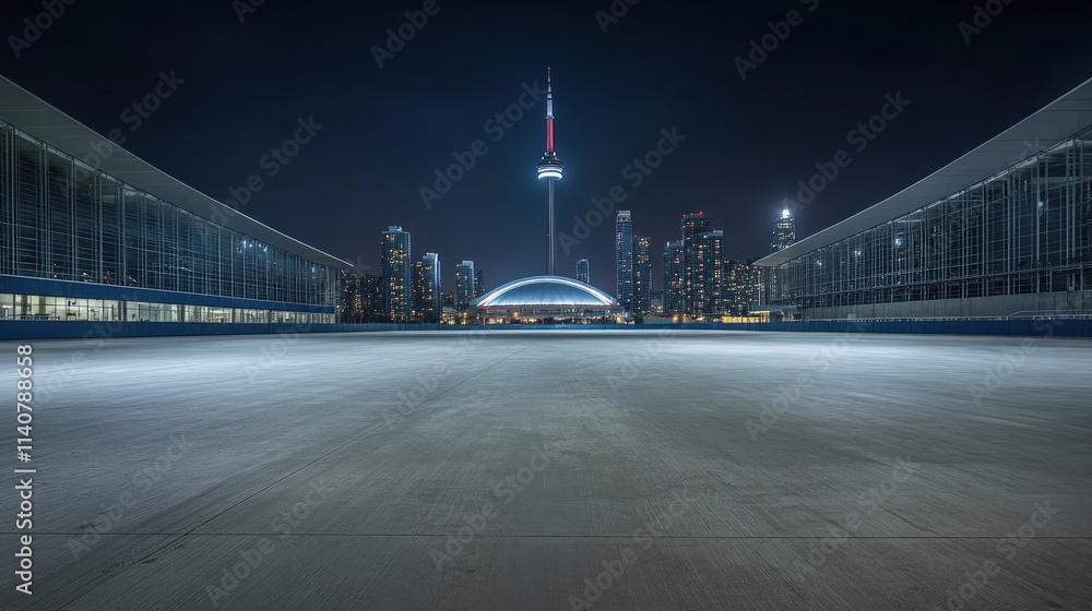 Poster night view of an urban skyline featuring a prominent tower and modern architecture.