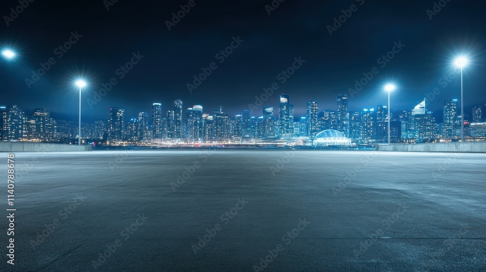 Poster A nighttime cityscape with illuminated skyscrapers and a vast empty foreground.
