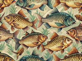 Vintage Carp Fish Seamless Pattern: High-Quality Hand-Drawn Old Fashioned Fish Background Illustration