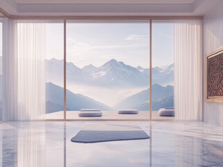 A serene interior with mountain views, promoting relaxation and tranquility.