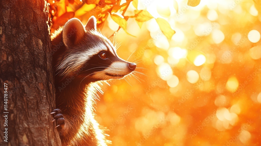 Poster a raccoon peeks from behind a tree, illuminated by warm autumn sunlight.
