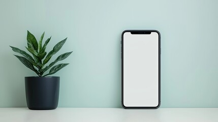 A sleek smartphone stands against a light green wall next to a potted plant, creating a modern and minimalist aesthetic.