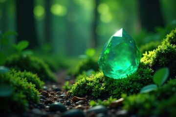 glowing emerald gemstone within a lush, green forest environment, natural, emerald, minerals