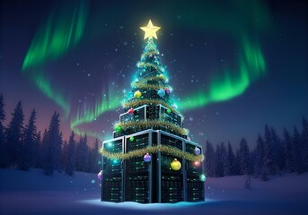 A Stunning Digital Christmas Tree Made of Servers Under the Aurora Borealis: Festive Holiday Tech Image Perfect for Winter Greetings, IT Companies, and Data Center Celebrations.