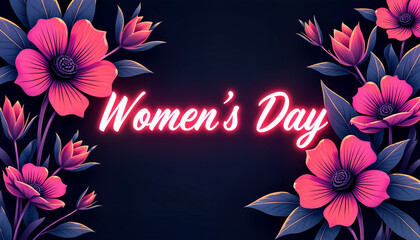 Obraz premium Women's Day glowing text with pink flowers on dark background