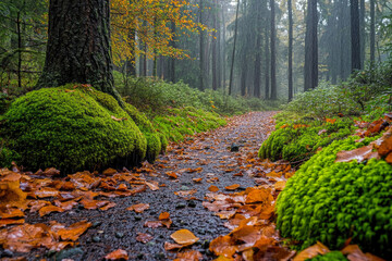 Serene autumn trail in a misty forest with rain-soaked leaves and moss-covered trees