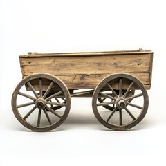 Obraz premium A classic wooden cart with two large wheels and a simple handle on a white background