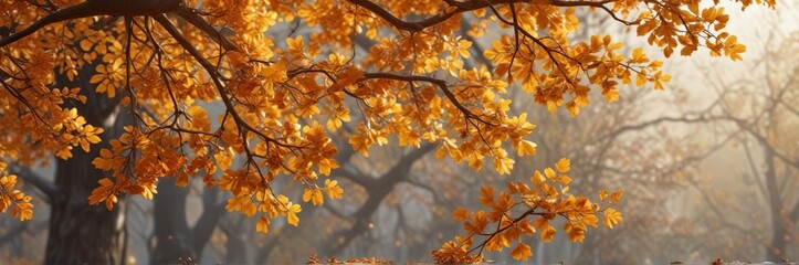 Golden autumn oak branch with scattered acorns and vibrant orange leaves, acorn,