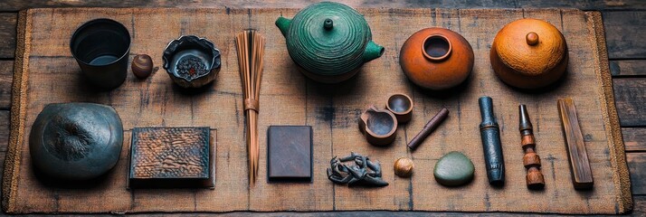 Fototapeta premium Serene Tea Ceremony Set - Tranquility, ritual, craftsmanship, nature, harmony. A curated collection for a mindful tea experience.