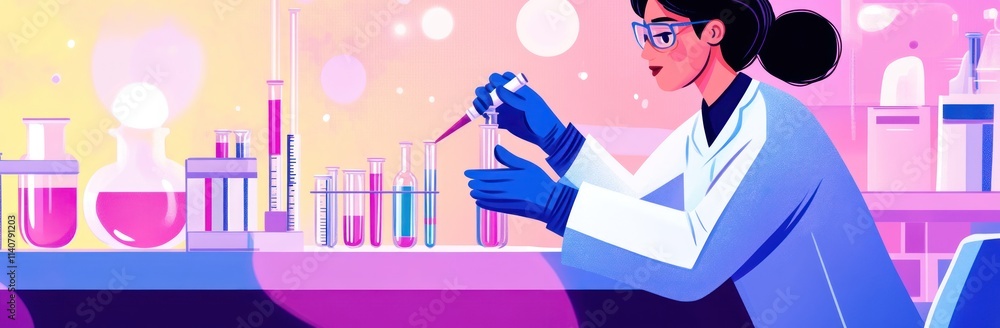 Poster a scientist conducts experiments in a colorful laboratory setting.