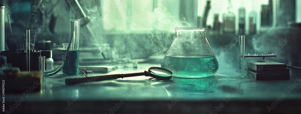 Leinwandbilder a laboratory scene with a glowing flask and tools, hinting at scientific experiments.