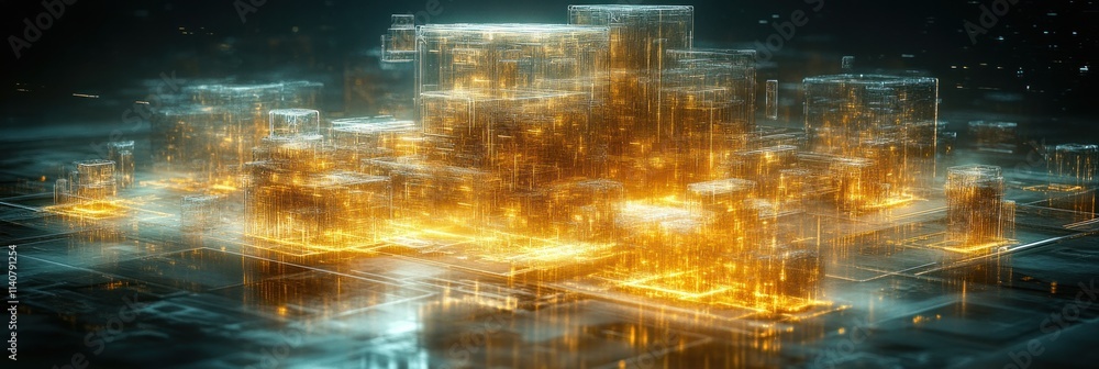 Poster a glowing, abstract cityscape composed of illuminated blocks and structures.