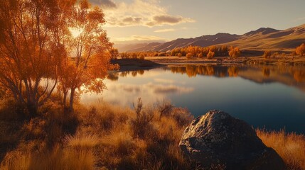 Serene autumn landscape with vibrant trees reflecting in a calm lake under a golden sky.