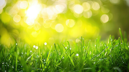 Obraz premium Lush Green Grass with Dew Drops and Warm Sunlight Creating a Bright and Inviting Natural Atmosphere in a Tranquil Outdoor Setting