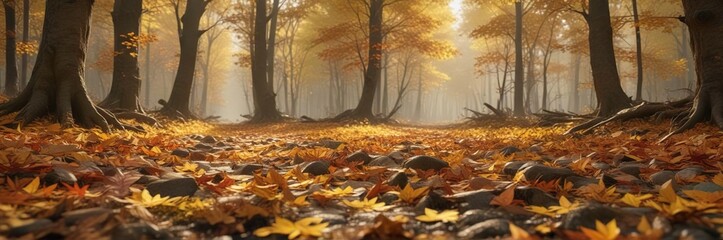 Fototapeta premium Golden hues of autumn leaves scattered on a forest floor, fallen leaves , autumn leaves