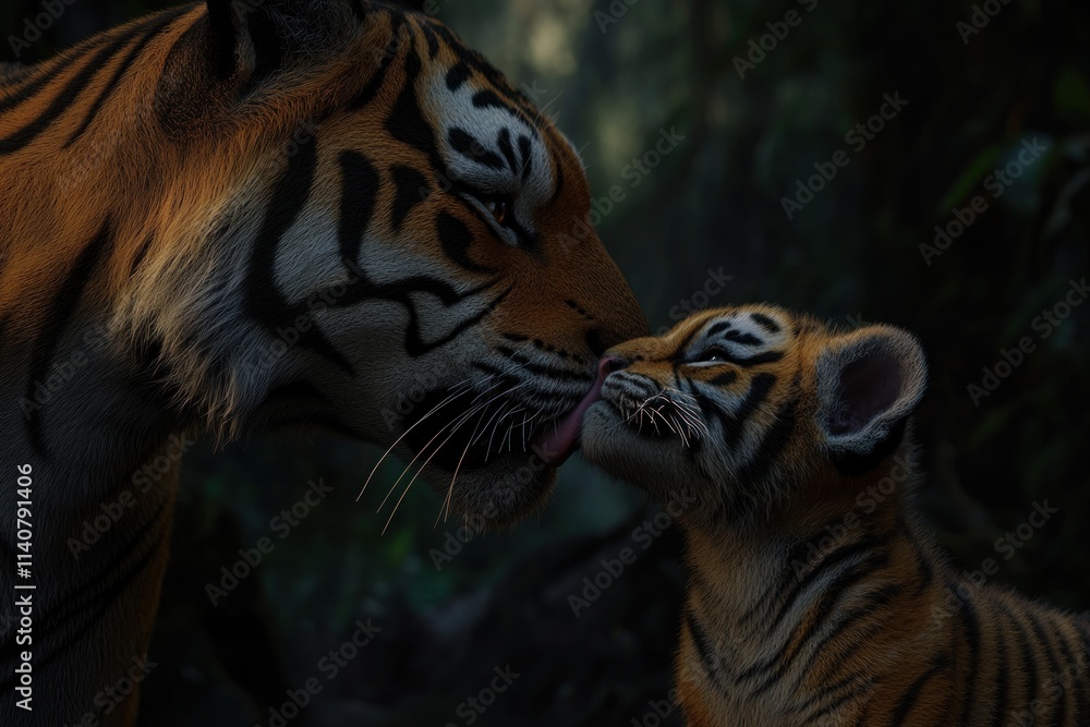 Poster a tender moment between a tiger and its cub in a lush, dark forest setting.