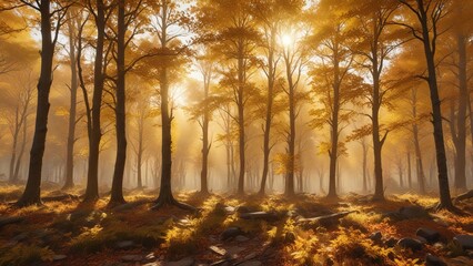 Fototapeta premium Golden light filtering through dense autumn foliage, nature photography, leaf colors