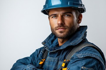 Fototapeta premium Worker in uniform holding a hard hat, isolated for corporate and advertising campaigns.