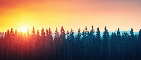 A stunning sunset illuminating a dense tree line with vibrant colors.