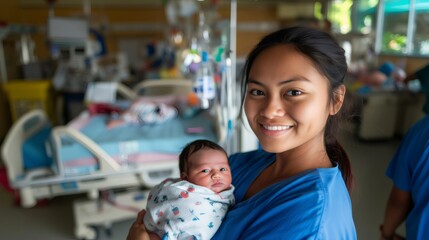 Obraz premium Happy nurse holding newborn baby in hospital room