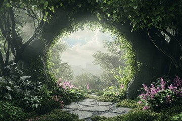 Mystical Forest Portal: A Stone Archway Leads to a Foggy Cityscape.