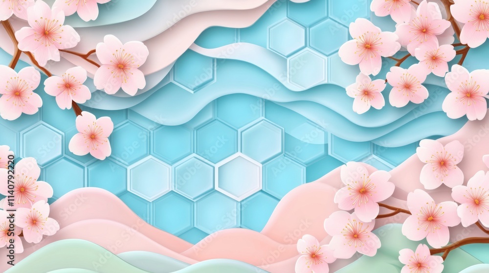 Poster a seamless japanese-style pattern with cherry blossoms scattered across a background of interlocking