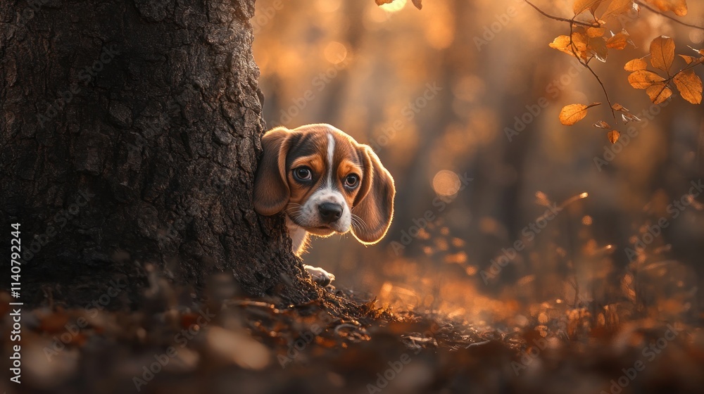 Poster a curious beagle puppy peeks from behind a tree in a warm, autumn forest setting.
