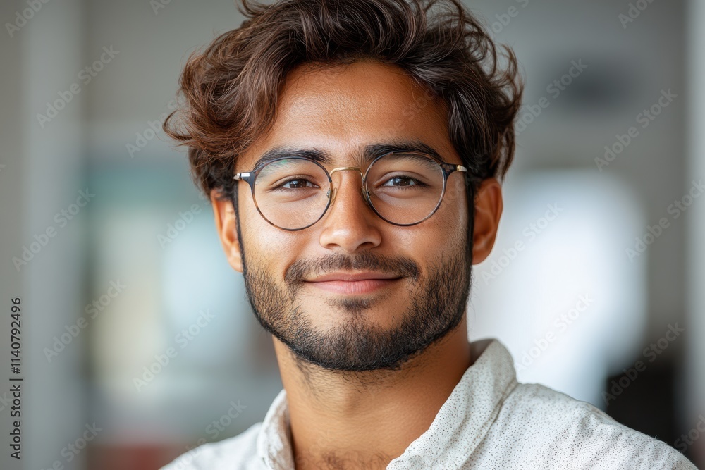 Poster young indian professional in engineering, smiling naturally and ready for versatile branding visuals