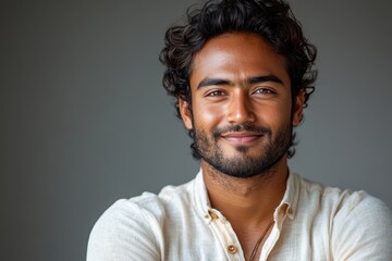 Obraz premium Young Indian professional in engineering, smiling naturally and ready for versatile branding visuals.