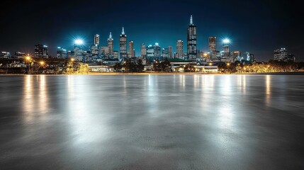 A nighttime city skyline reflecting on water, showcasing modern architecture and urban life.