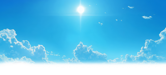 Beautiful bright blue sky with fluffy white clouds under sun transparent background