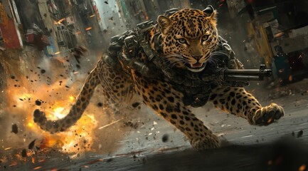 A fierce leopard in military gear charging through a chaotic urban environment.