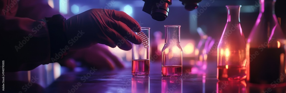 Aufkleber a scientist conducts experiments with colorful liquids in glassware under a microscope.