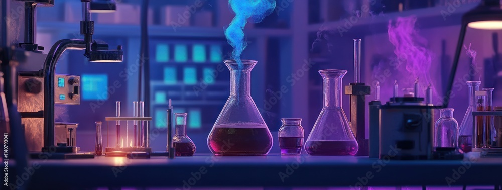 Poster a vibrant laboratory scene with colorful flasks and beakers emitting smoke.