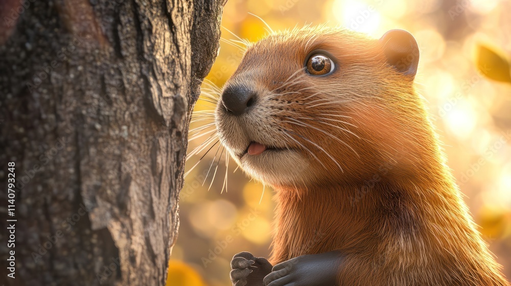 Poster a close-up of a cute, furry animal with a curious expression near a tree in a warm setting.