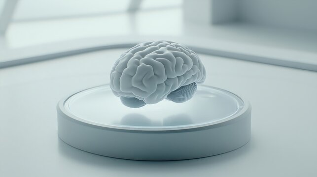 White anatomical brain model rotating on futuristic podium in laboratory