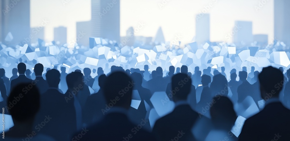 Poster a crowd of silhouettes facing abstract geometric shapes in a cityscape.