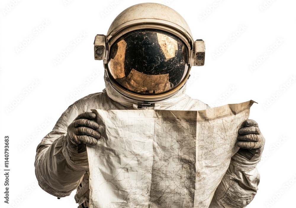 Poster an astronaut examining a worn map, symbolizing exploration and discovery in space.