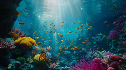 Tropical sea underwater fishes on coral reef. Aquarium oceanarium wildlife colorful marine panorama landscape nature snorkel diving