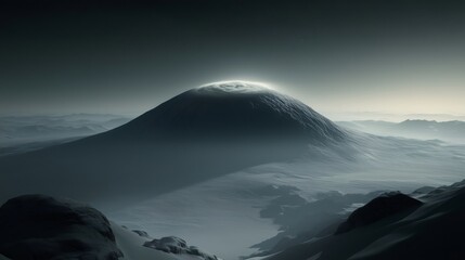 Alien planet landscape showing huge mountain with glowing crater at sunrise