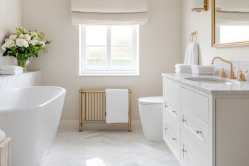 Vintage bathroom design featuring herringbone marble floors, elegant fixtures, and stylish towel warmer for a timeless retreat