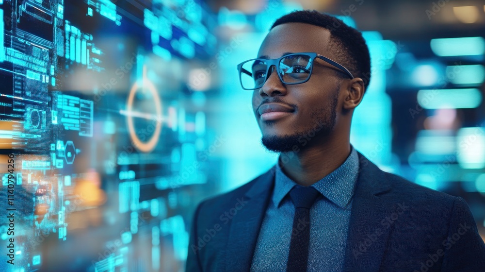 Poster a professional man in glasses stands confidently before digital data displays.