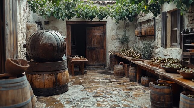 Rustic courtyard, wooden barrels, olives, old stone walls.